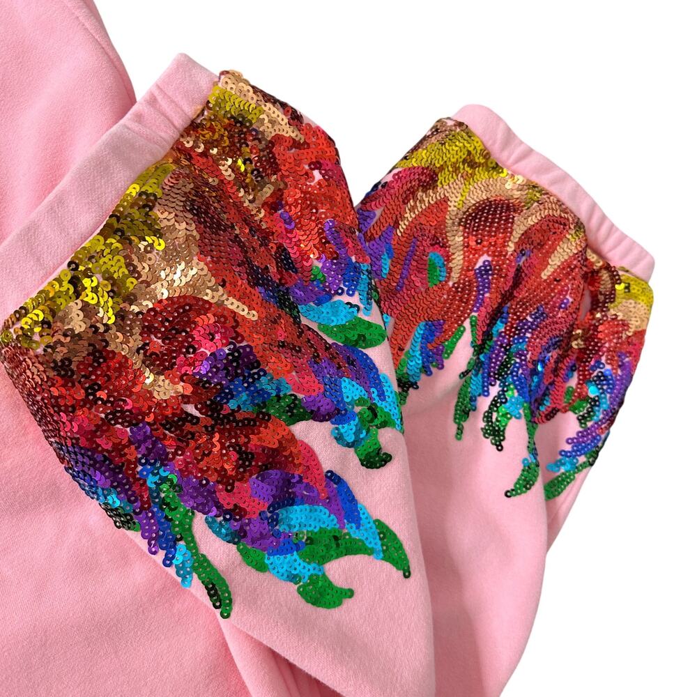 Queen of Sparkles Pink Sequin Rainbow Flame Sweatpants Joggers Large Womens - Picture 13 of 16